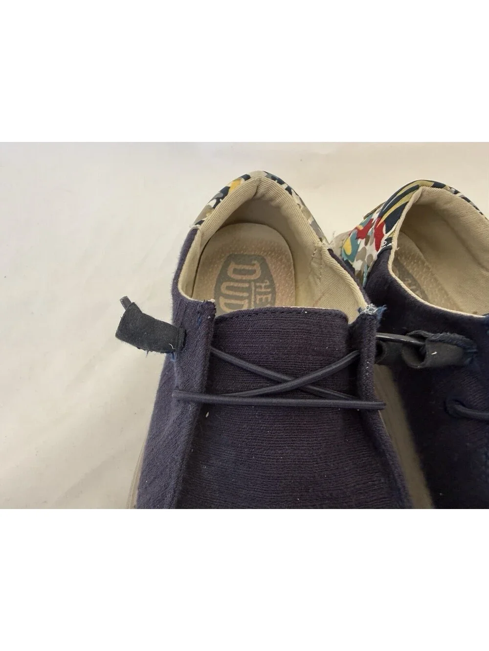 Hey Dude Wendy Funk Chambray Shoes Size 7 Blue Logo Heel Design Slip Ons